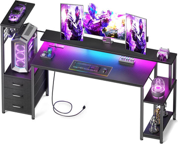 63 Inch Gaming Desk with Bluetooth LED Lights & Power Outlets,Computer Desk with Fabric Drawers & Hooks,Reversible