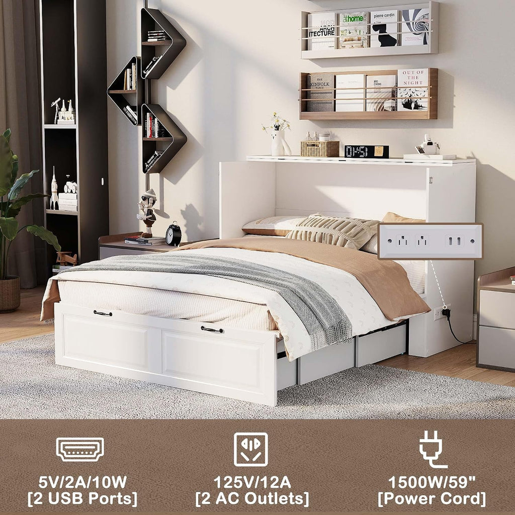 Full Murphy Bed Cabinet: White 2 in 1 Murphy Bed, Wood Cabinet Beds with Storage Drawer, Foldable and Charging