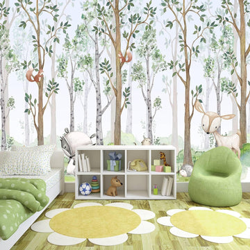 Nursery Animals Forest Wallpaper Mural for Kids Room Bedroom | 149"x96" Not Peel and Stick