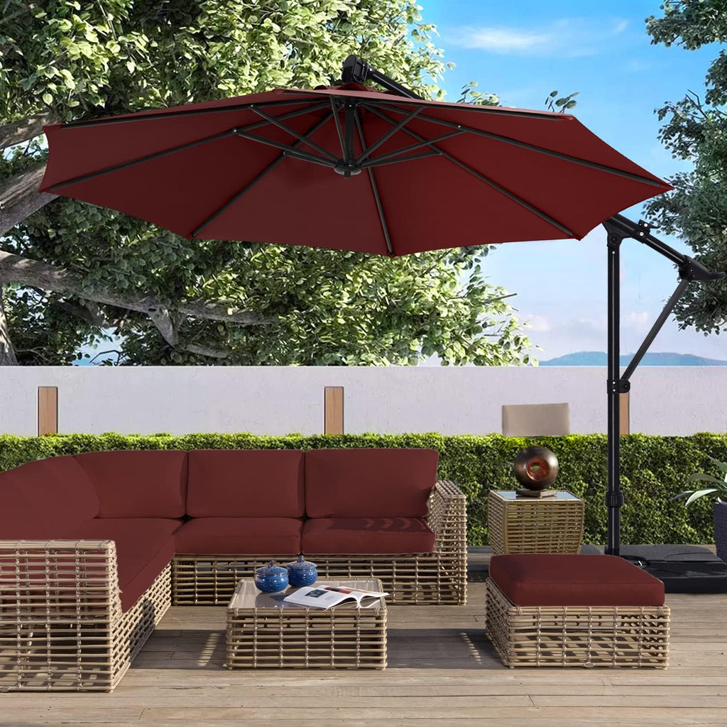 10FT Cantilever Umbrella Offset Hanging Patio Umbrella with Base Stand Rotate and Tilt，Suitable (Burgundy)
