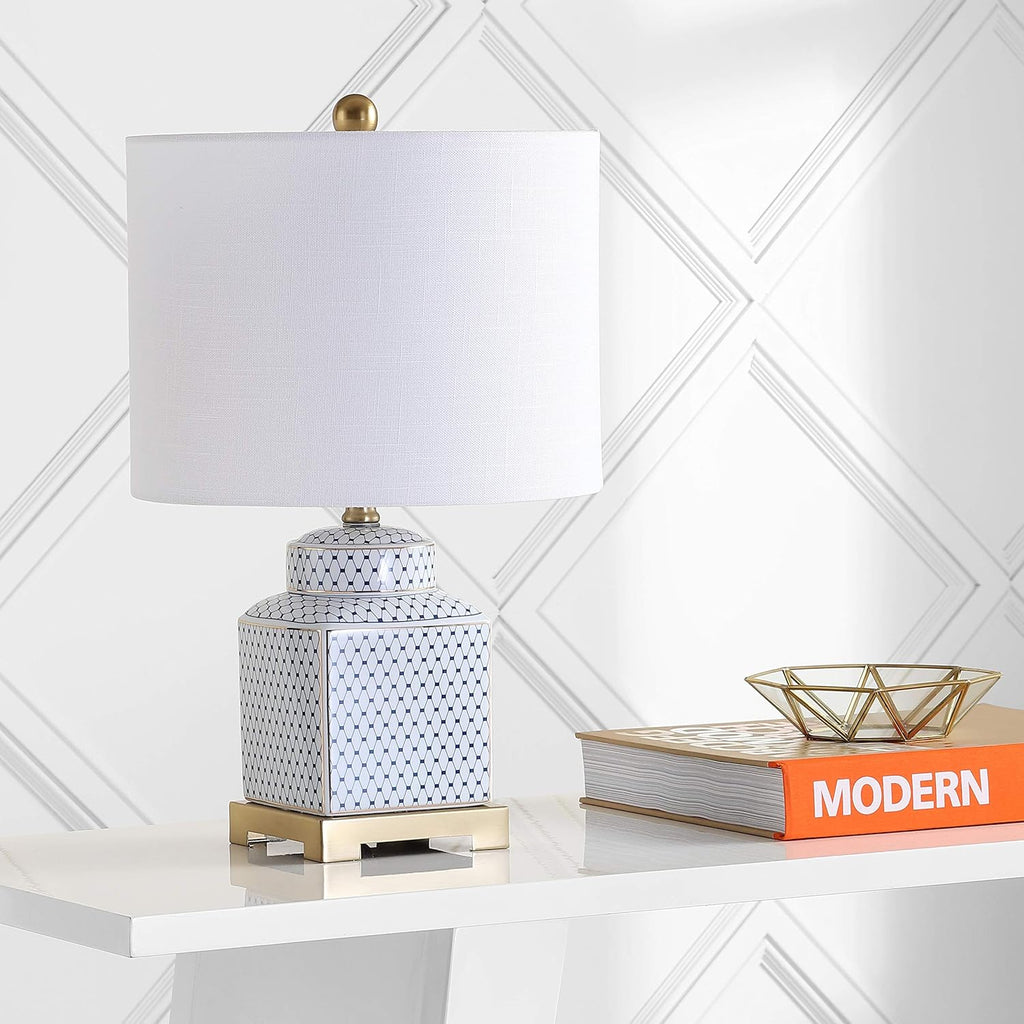 21.5" White and Navy Blue Ceramic Ginger Jar LED Table Lamp