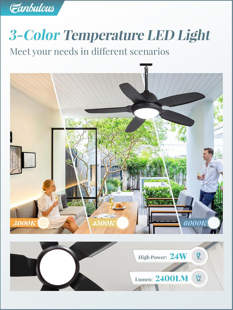 42 Inch Waterproof Outdoor Ceiling Fan with Lights and Remote,IP65 Hanging Gazebo Fan with 3CCT 6-Speed DC Motor,Black Wet Rated Plug in Ceiling Fan with Cord for Patios Porch Pergola