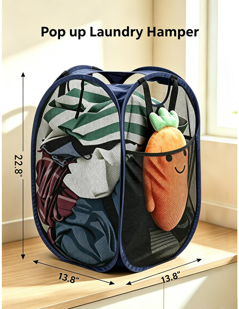 2Pack Strong Mesh Pop Up Laundry Hamper, 70L Collapsible Laundry Basket with Steel Frame, Double‐Stitched Handles &
