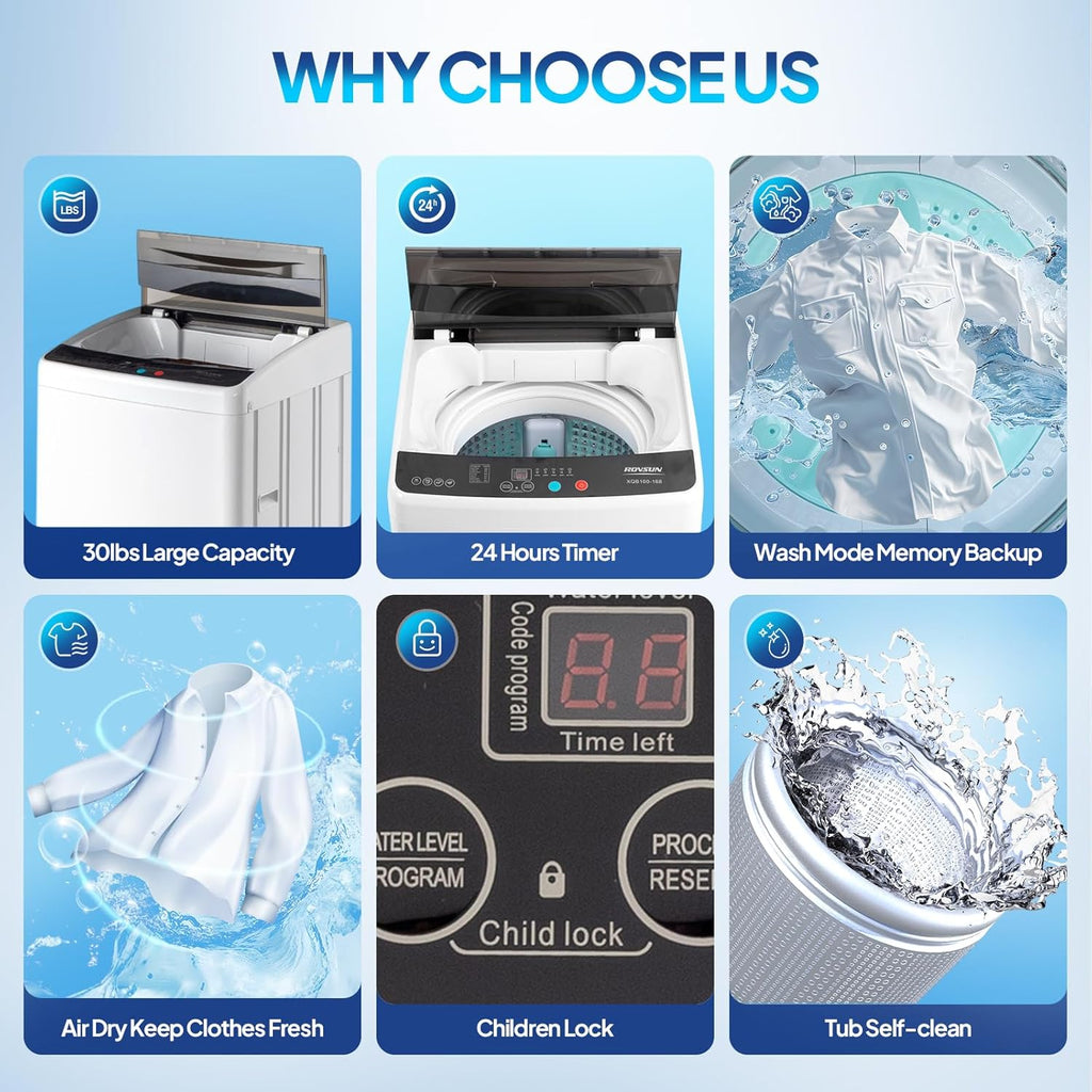 30LBS Fully Automatic Washer, 2 in 1 Portable Washing Machine, Top Load Washer and Spin Dryer Combo with Drain Pump, 8