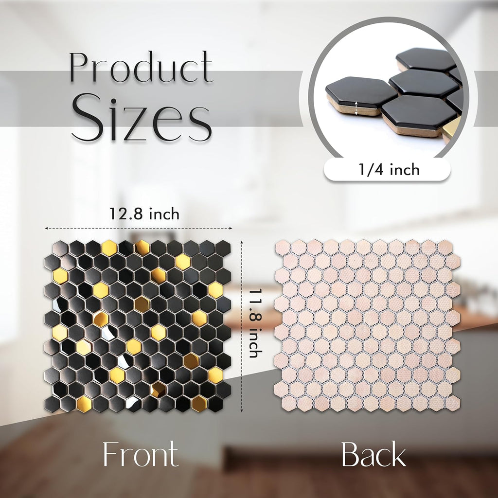Black and Gold Backsplash Wall Hexagon Mosaic Shower Floor Tile Kitchen Bathroom Tile (Box of 5 Sheets)