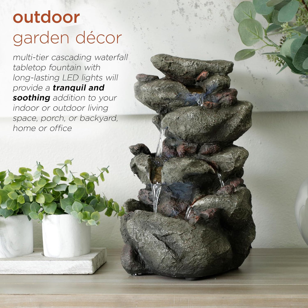 14" Indoor Tabletop Rainforest Rock Water Fountain with LED Lights, Tiered Desktop Fountain and Office Décor, Gray