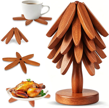 Wooden Tree Trivet Set - Natural Wood Coasters Trivets for Hot Dishes, Christmas Tree Trivet for Hot Pots Pans - Set of 4
