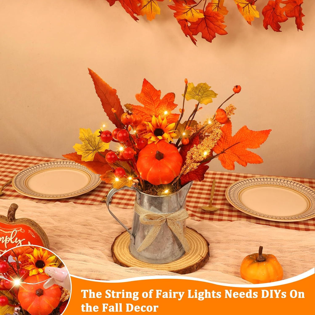 [Light & Timer] Fall Decor Table Centerpiece Rustic Metal Milk Jug with Artificial Orange Maple Tree Pumpkin