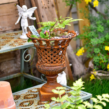 Cast Iron Rust Urn Planter - 10 Inches Hollow Trophy-Shaped Design