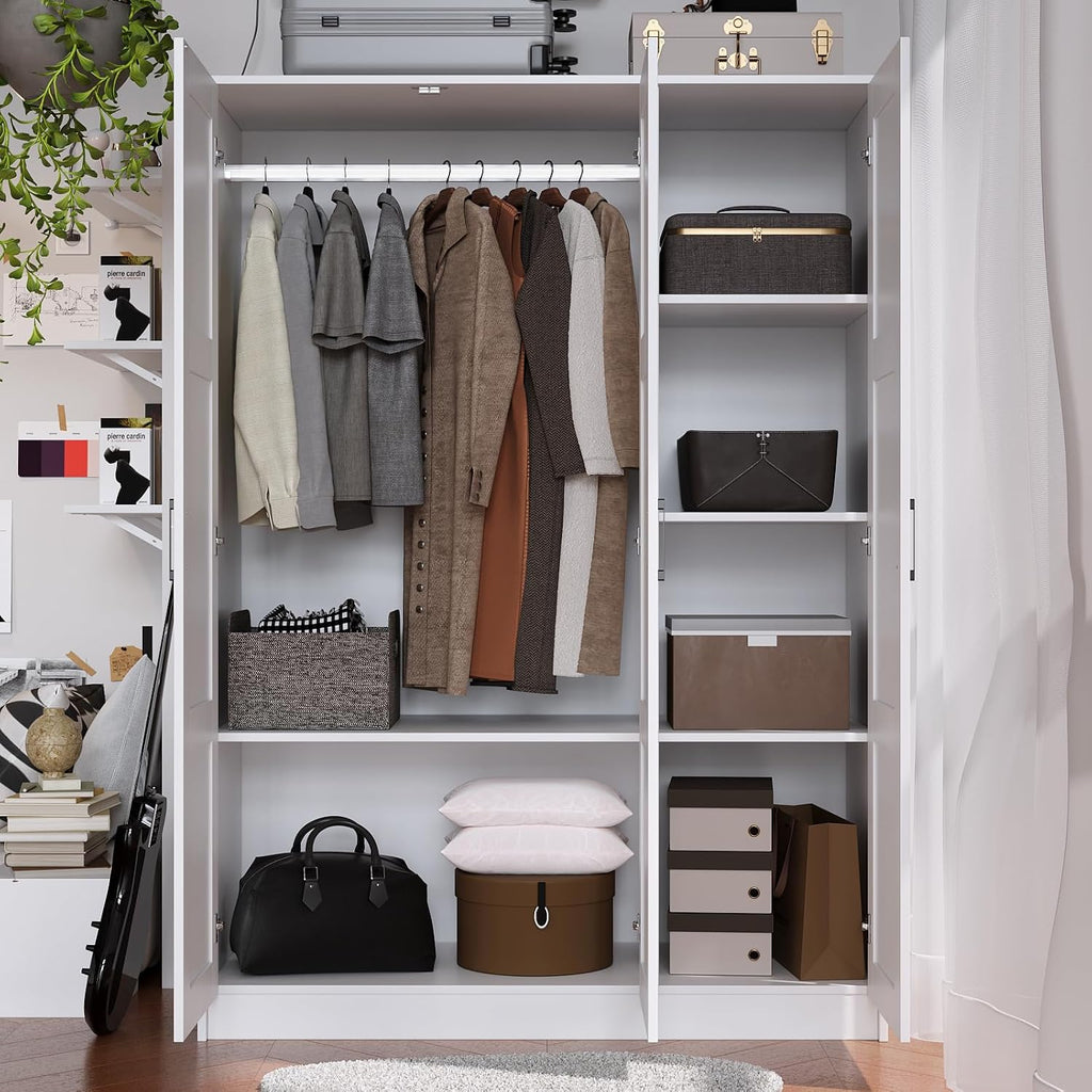 3 Doors Wooden Wardrobe Closet Armoire, White Storage Cabinet for Hanging Clothes, Bedroom Large Capacity