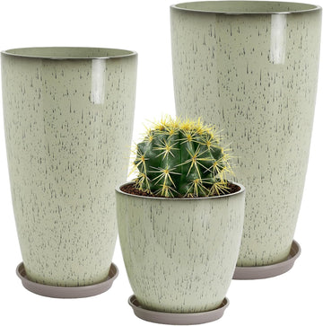 Set of 3 Tall Planter, 24/21/12in Large Planter, DripGlaze | Ceramic-Look, Lightweight, Built-in Drain Hole, Saucers