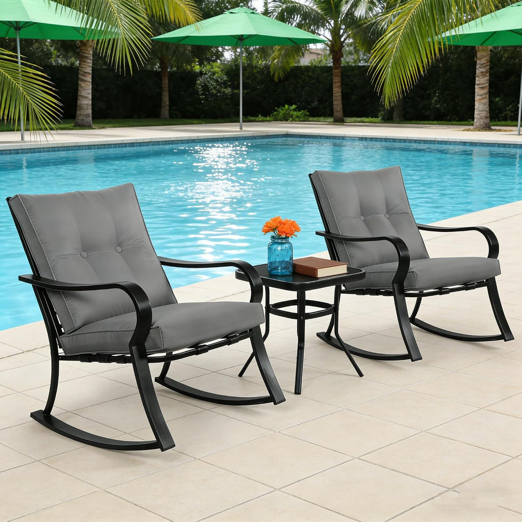 Outdoor 3-Piece Rocking Chairs Patio Bistro Set Black Steel Furniture with Thickened Cushion and Glass-Top Coffee