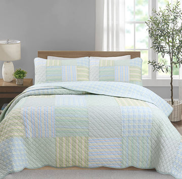100% Cotton Reversible Quilt Bedding Set, Green Modern Plaid Striped Gingham All-Season Coverlet Bedspread (Juniper
