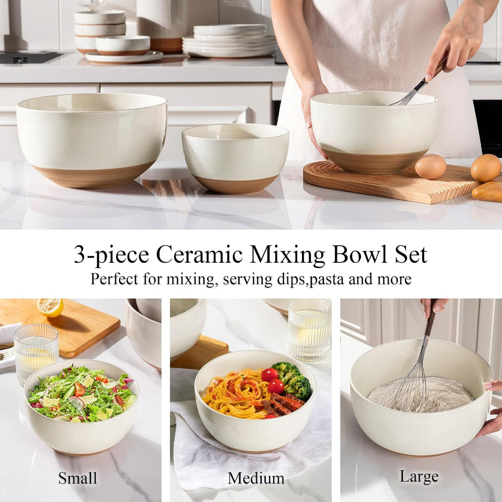 Ceramic Mixing Bowls|Nesting Bowls Set of 3 |Stoneware Serving Bowls with Rustic Terracotta Underside for