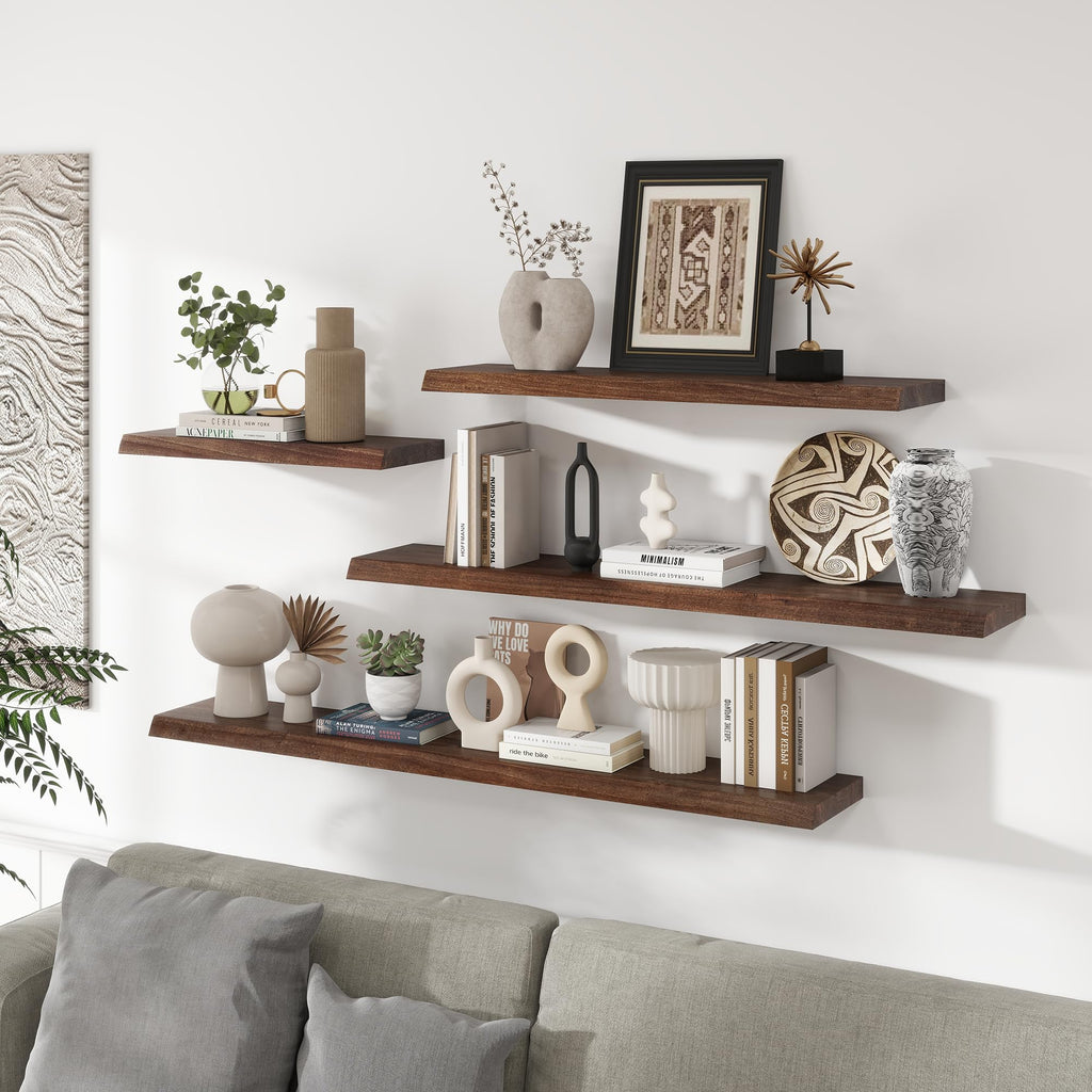 Live Edge Elm Floating Shelves For Wall - 55" W x 9.3" D Rustic Solid Long Wood Shelves with Invisible Bracket