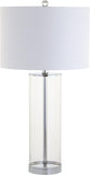 29" Clear/Chrome Modern Glass Table Lamp Bedroom, Minimalist Nightstand Bedside Lamp, White Linen Drum Shade