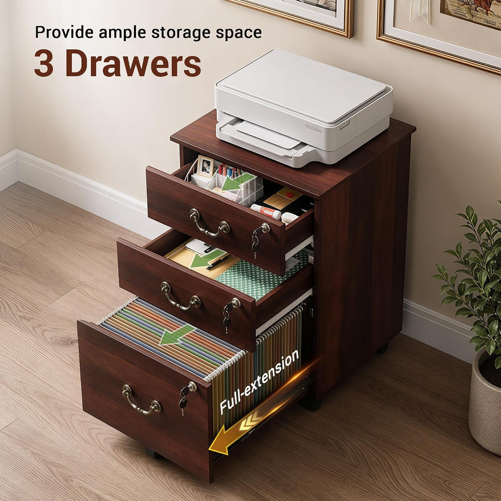 3 Drawer File Cabinet with Lock, Wood Filing Cabinet, Brown Oak | Mobile Wood File Cabinet for Under Desk Storage