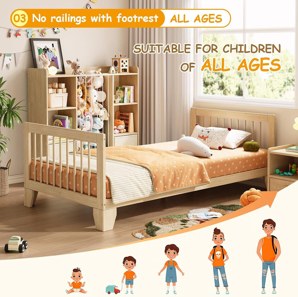 Montessori Toddler Bed, Variable Twin Floor Bed Frame with Removable Guardrails and Legs, Low Wooden Kids Bed with 10