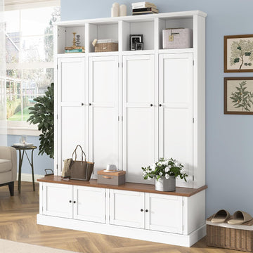 Farmhouse Hall Tree with Bench and Cabinet, 4-in-1 Entryway Storage Organizer with Rack, Shoe Storage and Hooks for