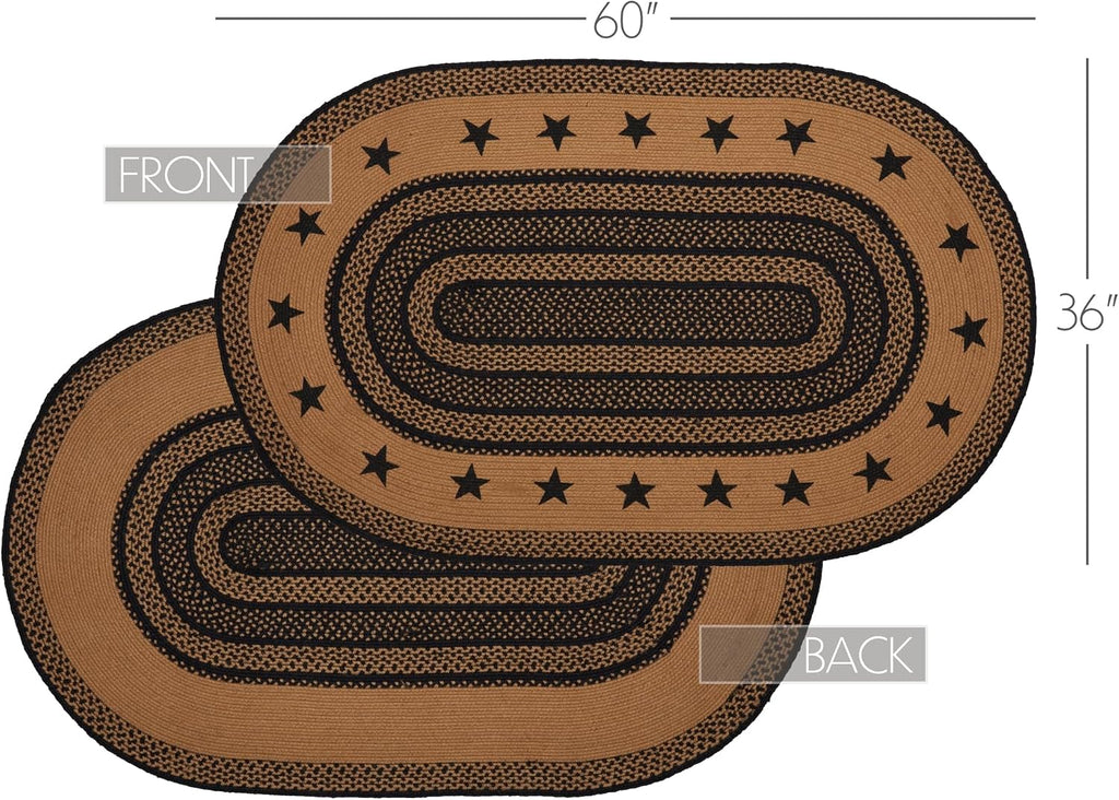 Farmhouse Primitive Black Jute Rug Oval Stencil Stars Border w/Pad 36"x60"