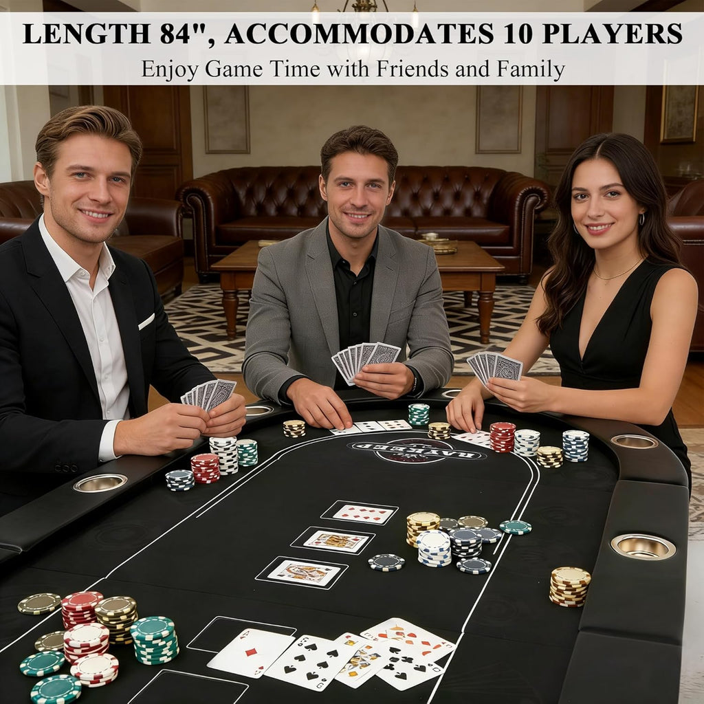 10 Player Poker Table Foldable, 84" Folding Blackjack Texas Holdem Table, Portable Casino Leisure Card Board Game
