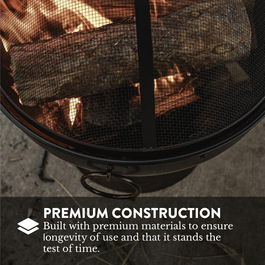GasOne 22 in Round Outdoor Fire Pit - Wood Burning With Mesh Lid and Fire Picker - Durable Alloy Steel for Outside