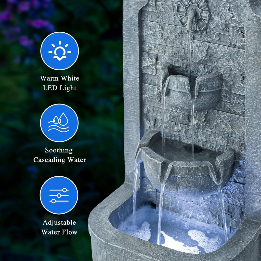 30.3" H Outdoor Water Fountain, Garden Fountain Floor Standing Indoor Waterfall Fountain with LED Lights, Water Feature