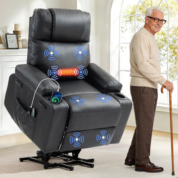 Power Lift Recliner Chair for Elderly with Massage & Heat, PU Leather Electric Recliner with USB Charge Port, 160°