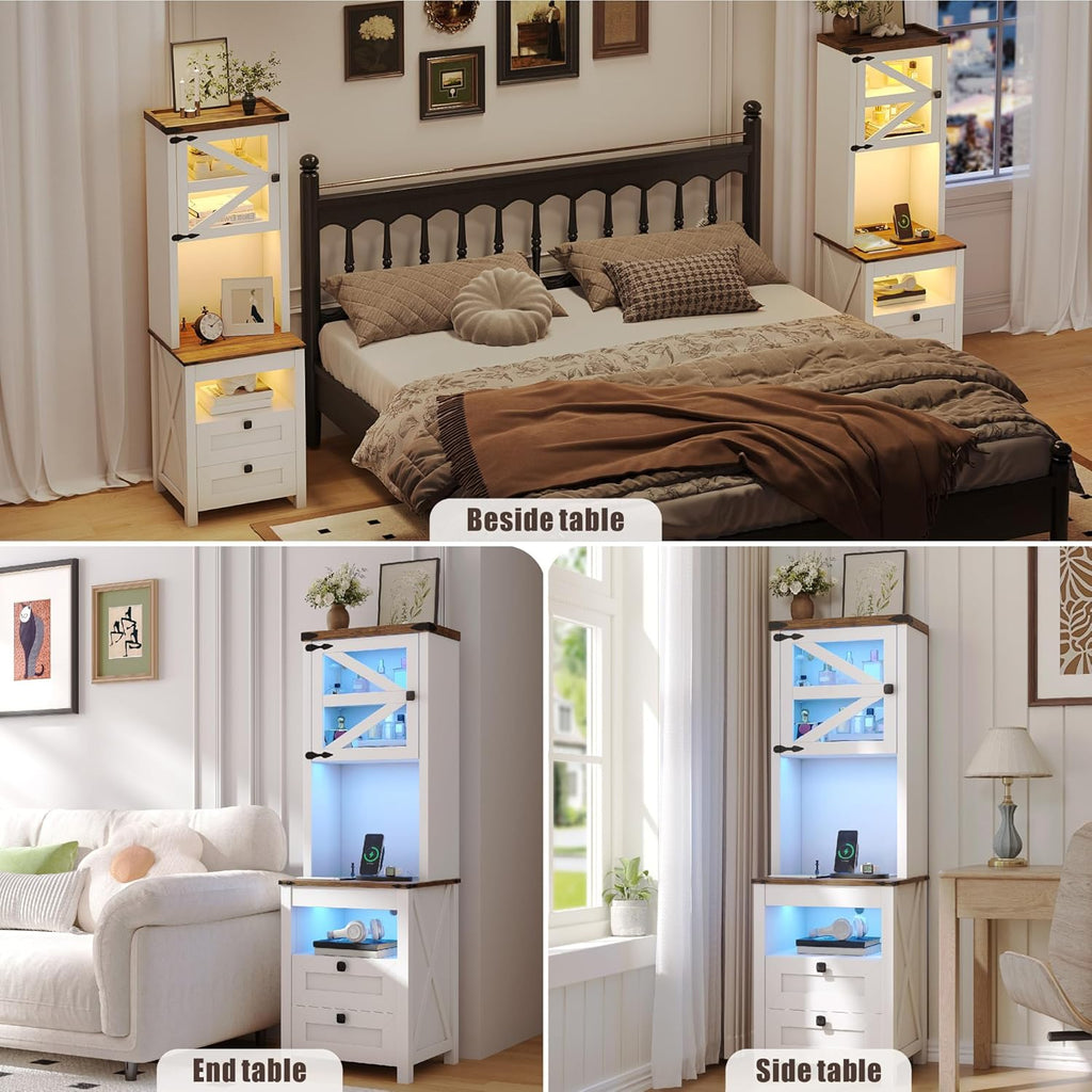 Tall Nightstand with Gun Drawer, LED Lights&Charging Station, Farmhouse | Adjustable Shelves, USB & Type-C Charging