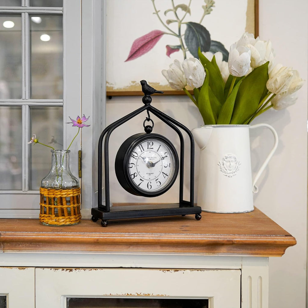 DESIGN 7.5'' x 10'' Mantel Clock Iron Tower Frame, Creative Bird Ornament Tabletop Clock