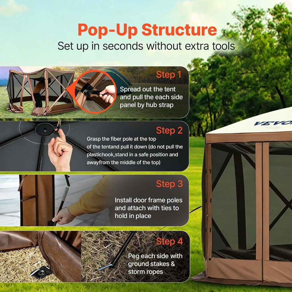 Camping Gazebo Screen Tent, 12x12ft, Brown/Beige | 6 Sided Pop-up Canopy, Mesh Windows, Portable Carry Bag & Stakes