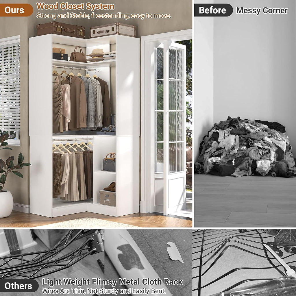 Corner Closet System With Shelves, 34'' Organizer With Hanging Rods, Wood Walk-in for Small Space, Freestanding