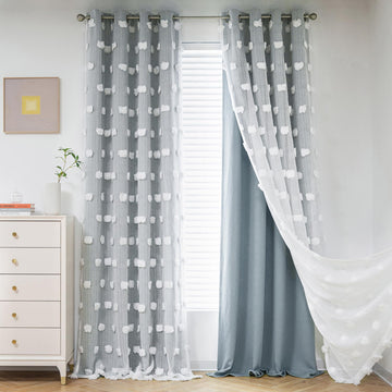 Room Darkening Curtains White Sheer Pom Pom Curtains Dusty Blue Blackout Curtains for Sliding Door Decor Drapes 2