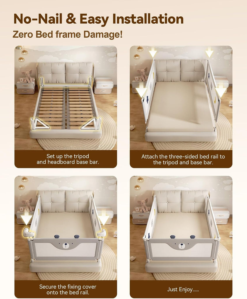 3 Piece Bed Rails for King Size Bed, No-Drill Needed Baby Bed Rail Guard | Thickened Child Safety Side Railing