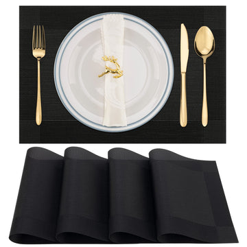 Placemats Set of 4, Washable Vinyl Woven Placemats, Heat Resistant & Wipeable Table Mats Dining Table (Black)