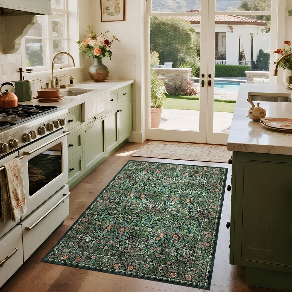 Dark Green Floral Entry Rug - 3x5 Soft Washable Bedroom Area Rug Non Slip Vintage Botanical Farmhous