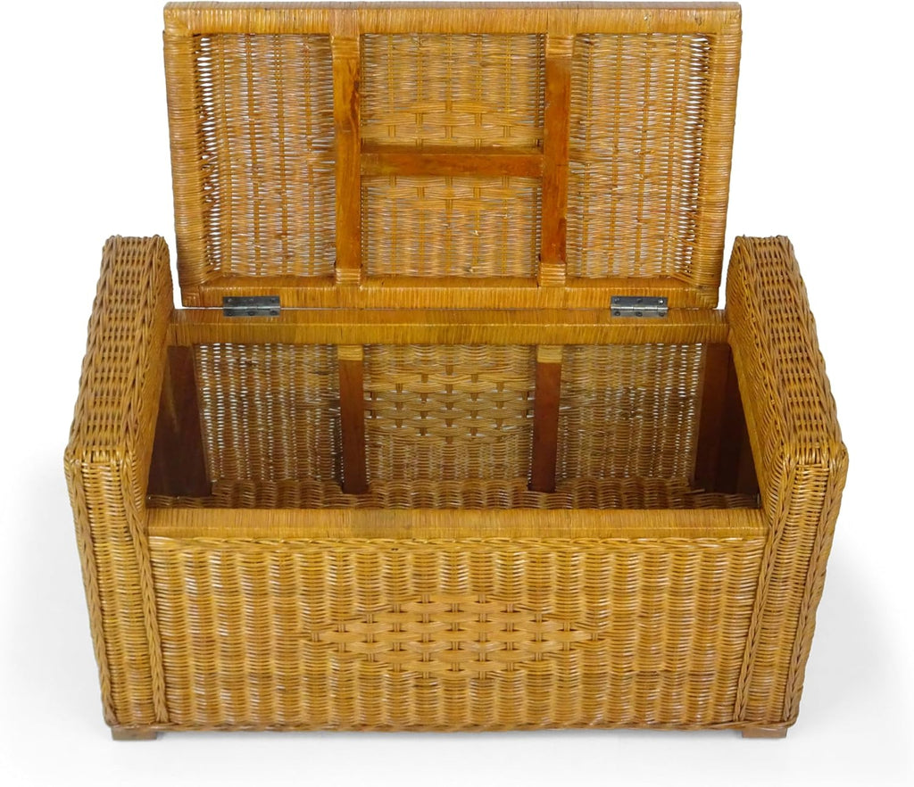 Bruno Handmade 32 Inch Rattan Wicker Chest Storage Trunk Organizer Ottoman W/Cushion Colonial