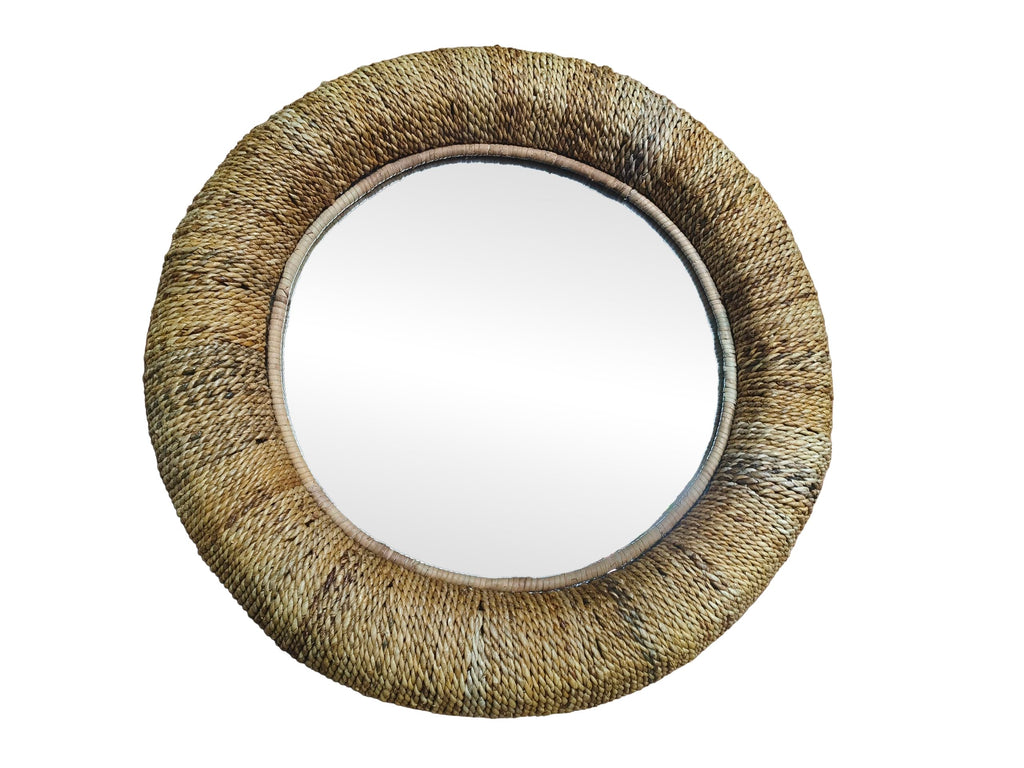 Rattan Room Wall Mirror Coiled Weaved Frame Entryway Mirror, Wall Mounted Mirror 35" x 3" x 35", Brown