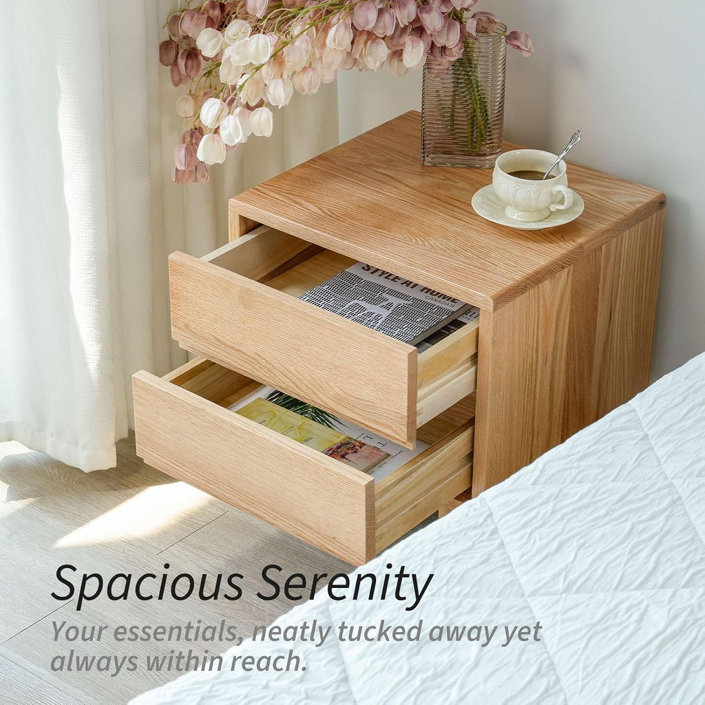 Night Stand, Mid Century Modern Nightstand w/2 Drawers, Boho Small Bedside Table, Oak Solid Wood, 17.72 W x 15.75 D x