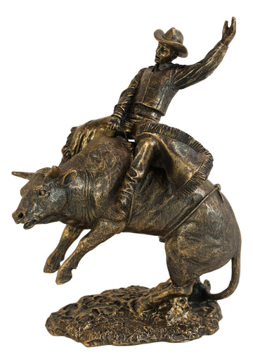 Rustic Western Rodeo Bull Rider Cowboy On Rearing Angry Bull Statue 10" Tall Faux Bronze Resin Old World Wild West