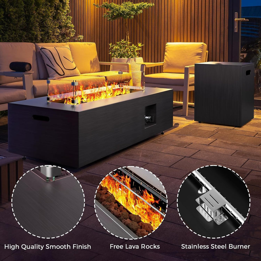 Fire Pit Table 50,000 BTU 42 Inch Rectangular Propane Fire Pit Outdoor with Wind Guard Glass, Lid, Rocks and Cover Gas Firepit