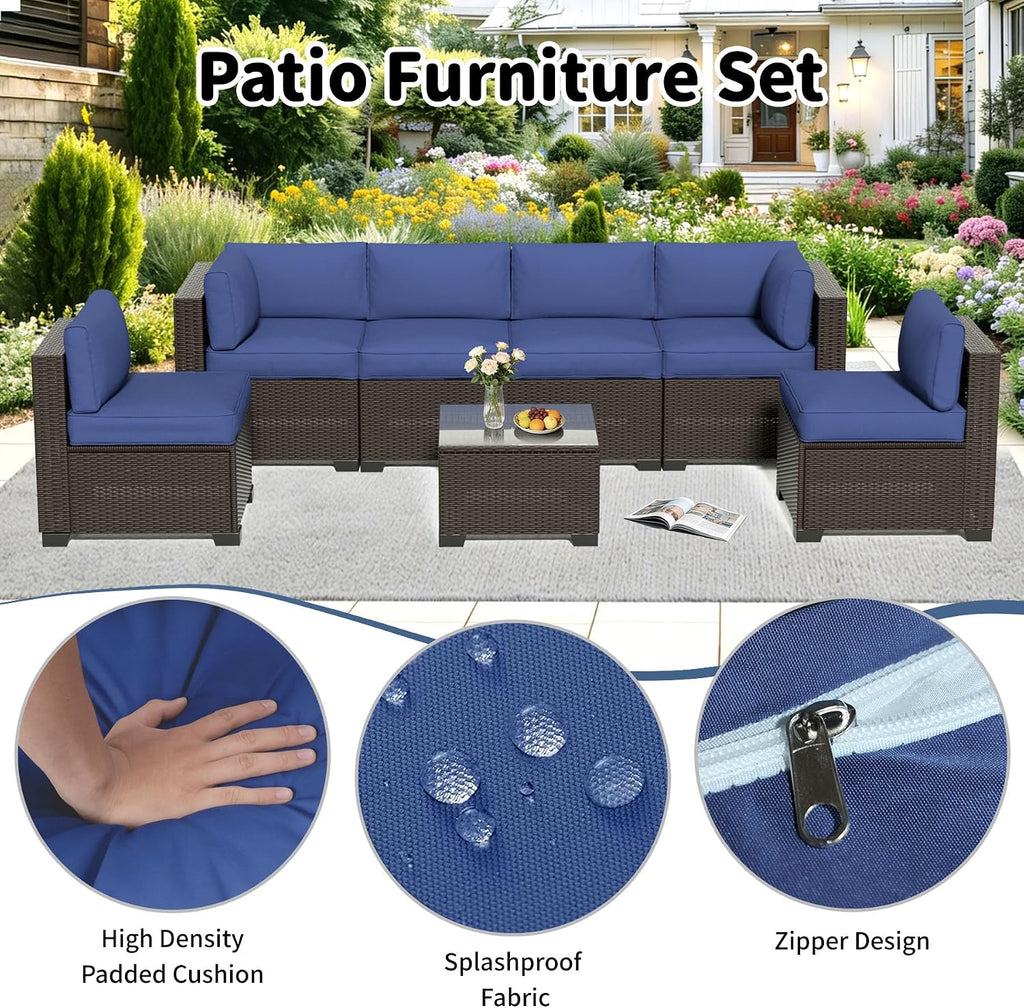 7-Piece Outdoor Sectional Patio Furniture Set, All-Weather Wicker Rattan Sofa w/Thick Washable Cushions & Tempered