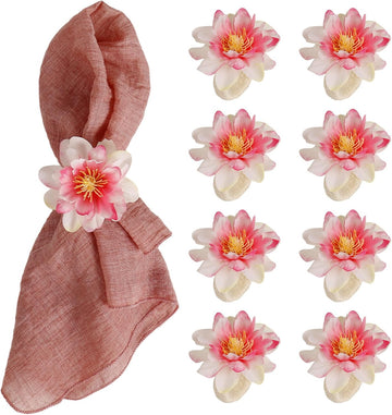 Pink Dahlia Flower Napkin Rings, Handmade Floral Napkin Rings with Jute Buckles Dinner Napkin Holder - Set of 8