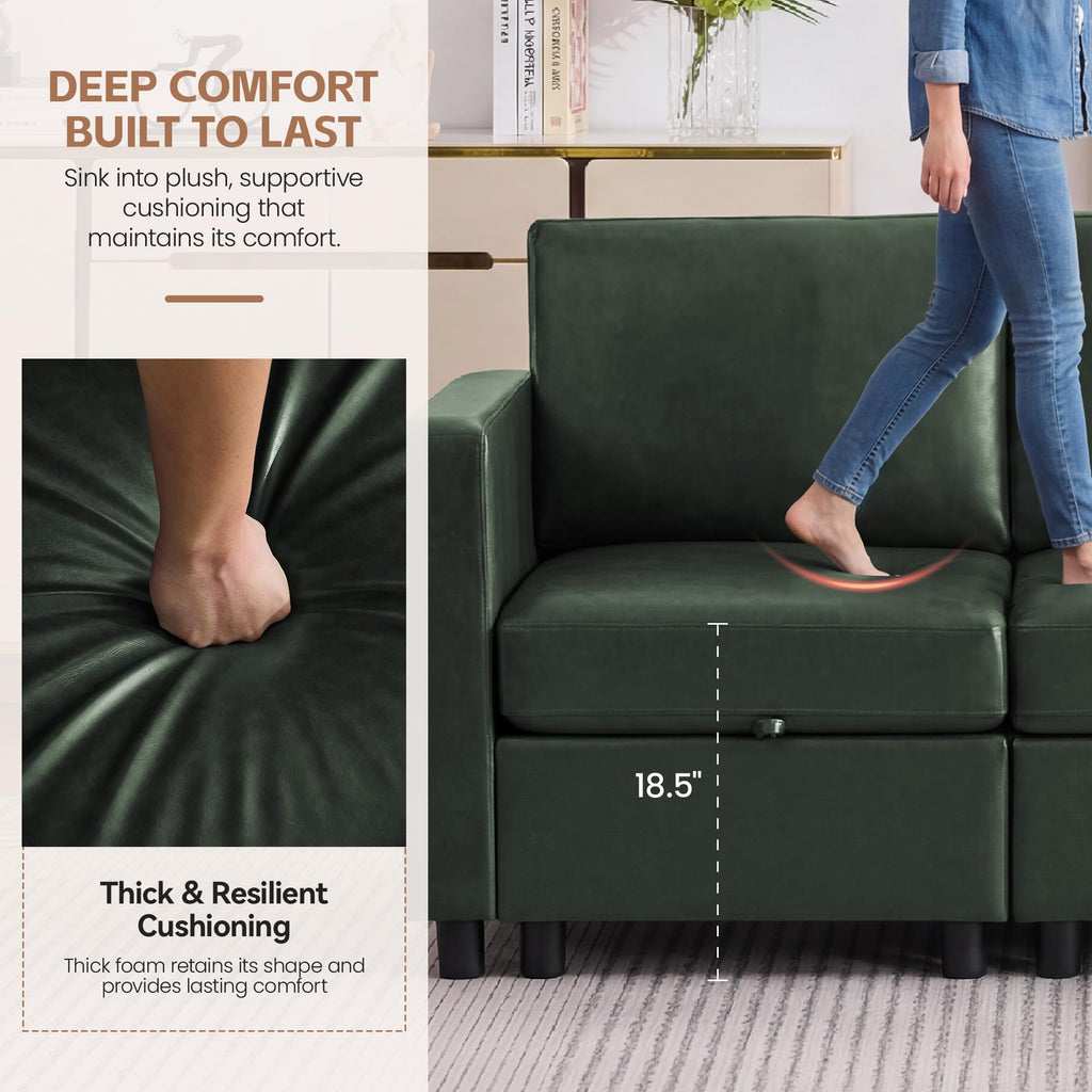 25" Faux Leather Square Storage Ottoman for Modular Sectional Sofa, Green