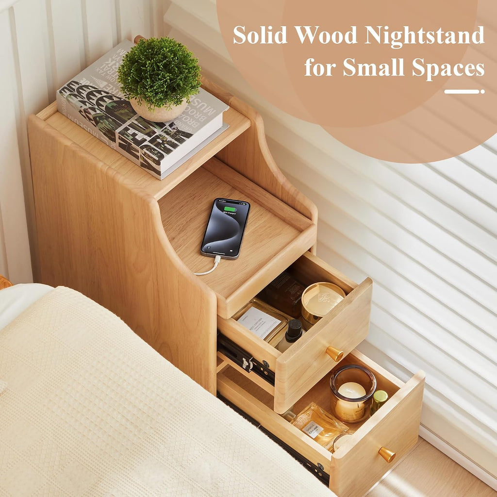 Solid Wood Narrow Nightstand, Slim Bedside Table with 2 Drawers & Slide-Out Tray, Mid-Century Modern End Table Side