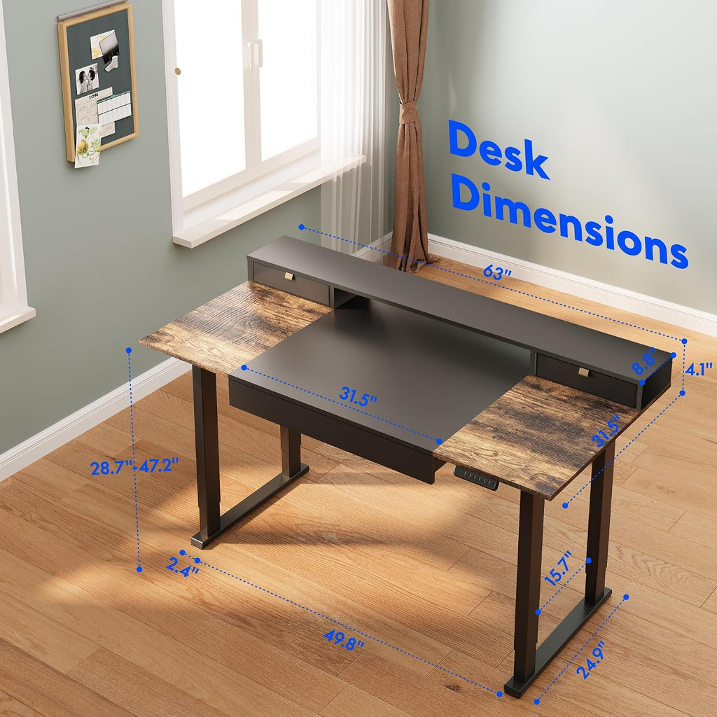 4-Leg Standing Desk with Storage, 63"x32", Black | Electric Adjustable Height, 3 Drawers & Shelving, Storage, Home