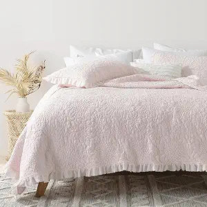 Pink Ruffled Quilt Twin, Stone-Washed Microfiber Lightweight Crinkled Farmhouse Rustic Shabby Chic Bedding Set, 2 - Set of 2