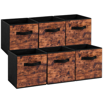 Fabric Storage Cubes, 6 Pack Foldable Storage Bins with Handle, 11 Inch Box for Shelves, Closet, Organizer, Rustic