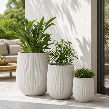 Set of 3 Fluted Round Polystone Indoor/Outdoor Planters, White, Sizes: 20.1 x 20.1 x 20.9 in., 15.1 x 15.1 x 16.5