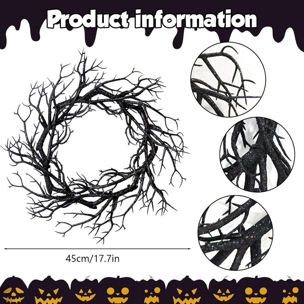 Spooky Halloween Wreath with Red Lights - Glitter Black Branch Handcrafted Decor for Front Door, Indoor/Outdoor Party